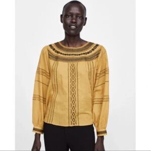 ZARA Bohemian Embroidered Blouse Size ​M Mustard/Black
